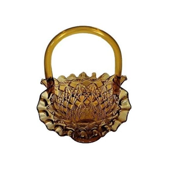 Vintage Amber Glass Small Basket Diamond Cut Ruffled Edge - Picture 4 of 9